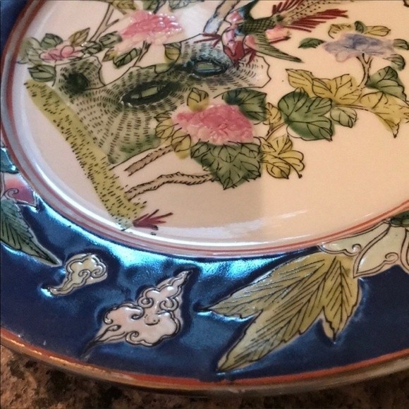 Vintage Oriental Porcelain Enamel Plate Blue Macau Qing Tungzhi mid century, - Picture 11 of 17